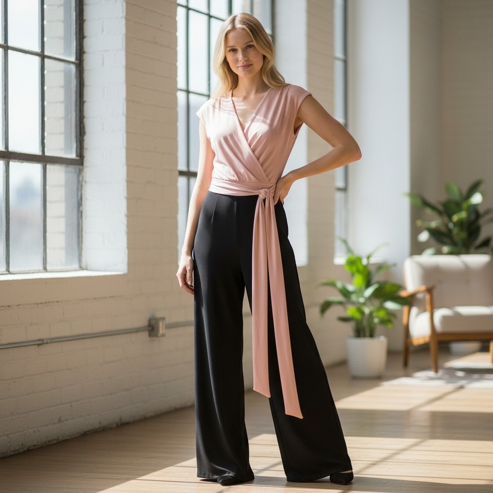 Roz & Ali Womens Pink Black Colorblock Wrap Wide Leg Jumpsuit Size 8 NEW